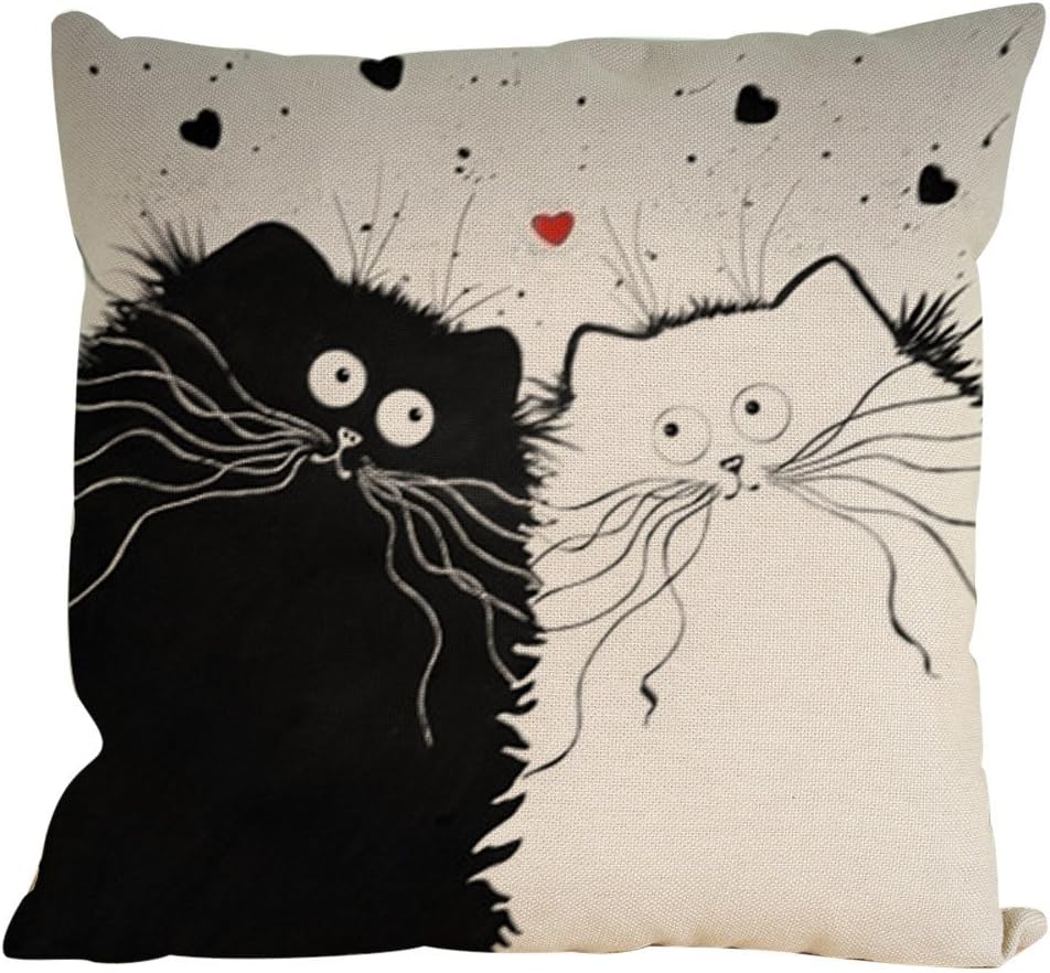 BaDou Pillow Case, Vintage Cat Cotton Linen Blend Throw Pillows Cover for Home Car Bed Decorative 18x18 Inches (B)