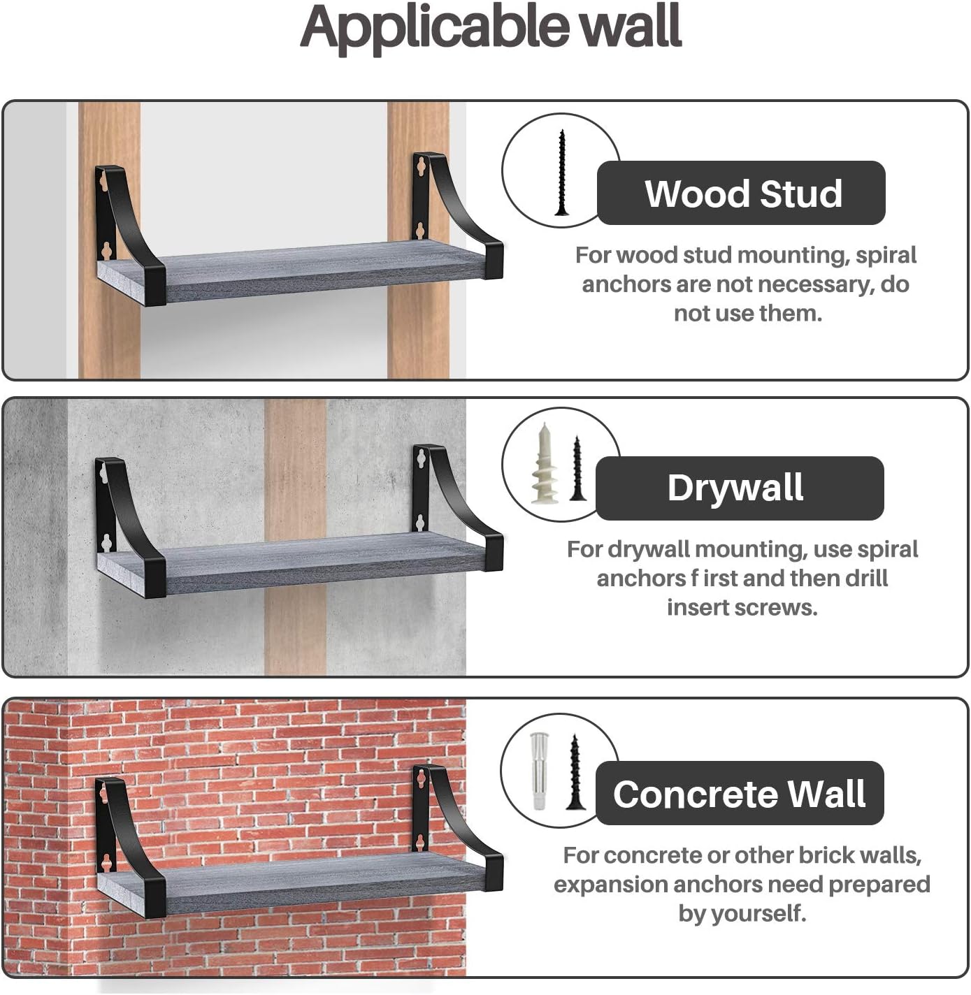 Amada Floating Shelves Wall Mounted, Rustic Paulownia Wood Wall Shelves Set of 3 for Bedroom, Bathroom, Living Room, Farmhouse Kitchen, Gray: Furniture & Decor