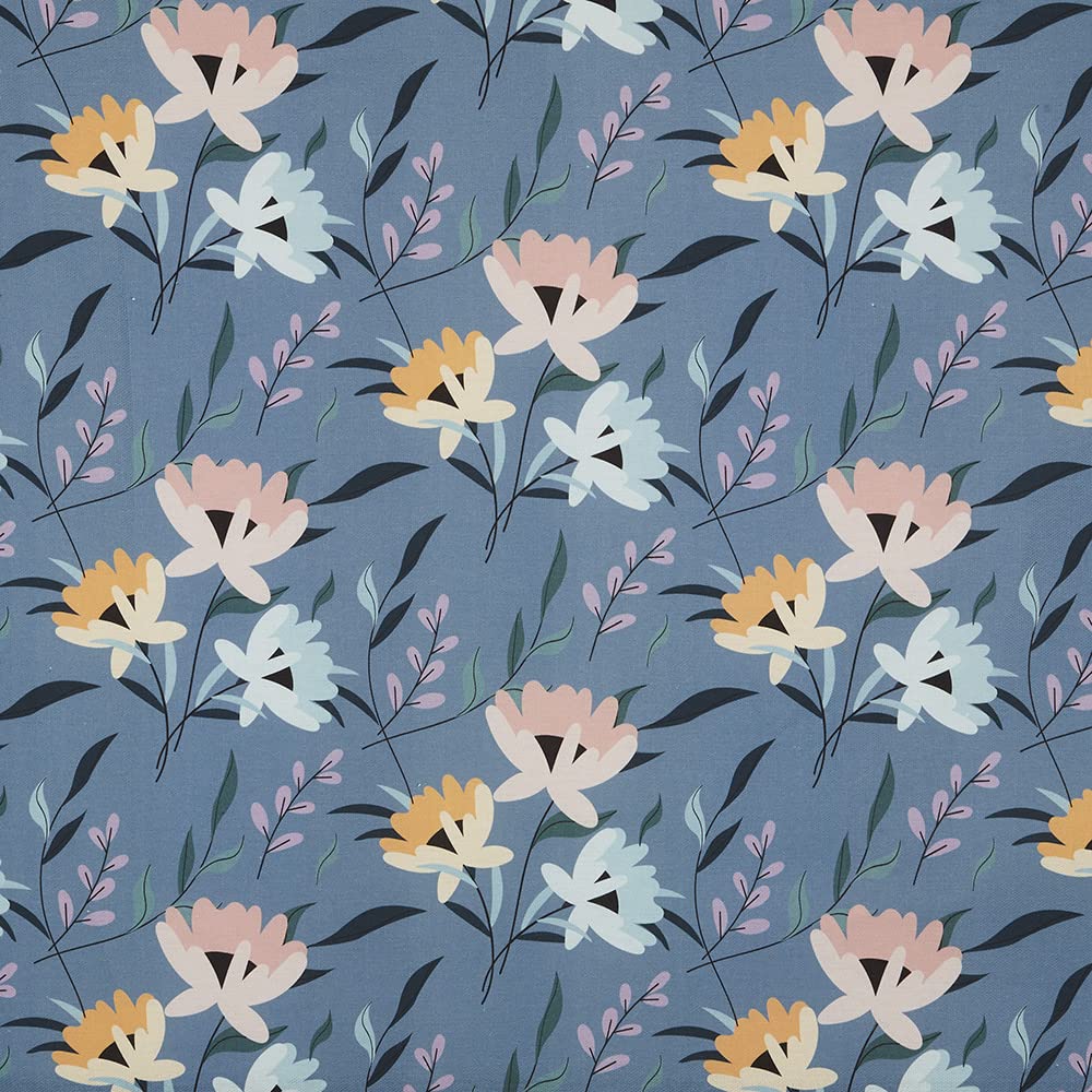 Kt KILOtela - Digital Printed Canvas Fabric, Upholstery, Cushions, Curtains, Half Panama Cotton, 100cm Length x 280cm Width | Floral Siriana - Blue, Pink, Orange ─ 1 meter