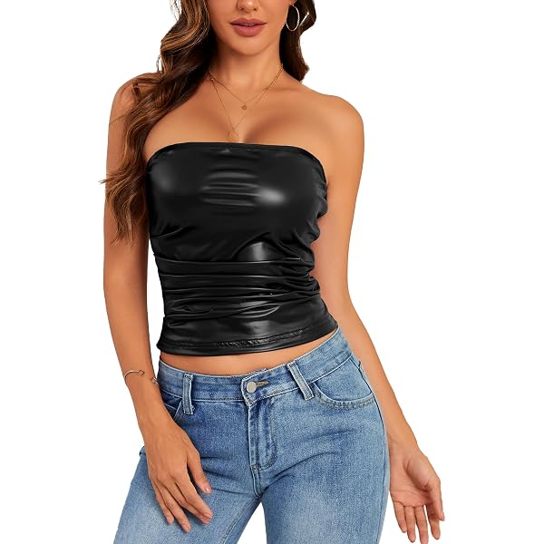 Women's PU Leather Halter Crop Top – V Neck Sleeveless Cami, Y2k Style Party Top