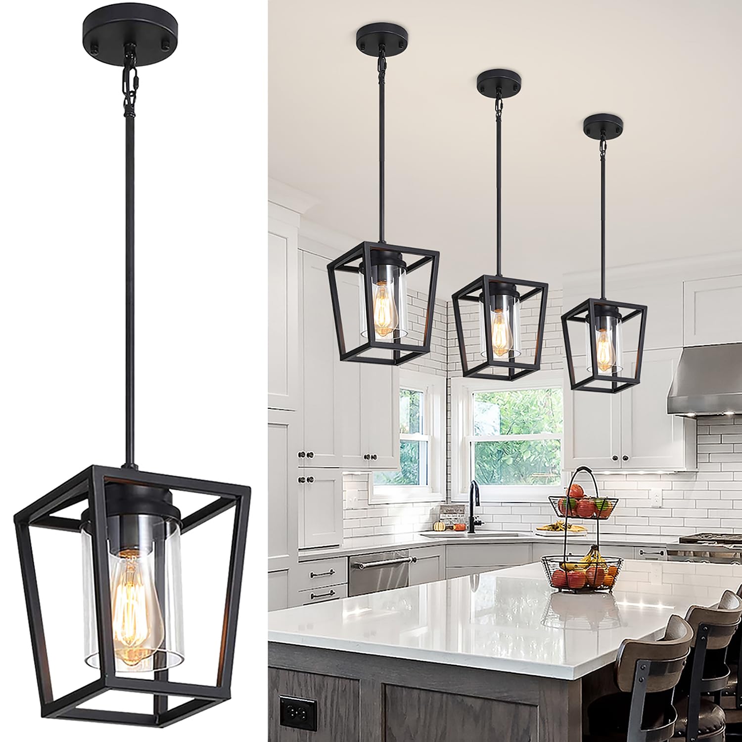 Photo 1 of TOULMJ 3 Pack Black Pendant Lights Kitchen Island, Modern Lantern Pendant Light Fixtures, Farmhouse Kitchen Island Lighting Cage Metal Hanging Ceiling Light Fixture for Hallway Entryway Dining Room