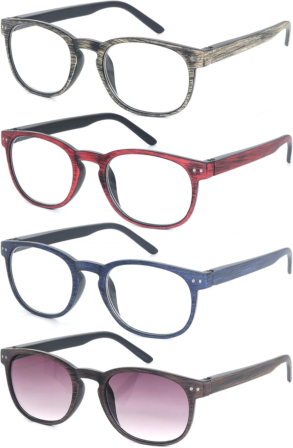 HEEYYOK 4 Pack Reading Glasses Mens Womens Unisex Retro Round Wood-Design Glasses for Reading Comfortable Lightweight Quality with Spring Hinge