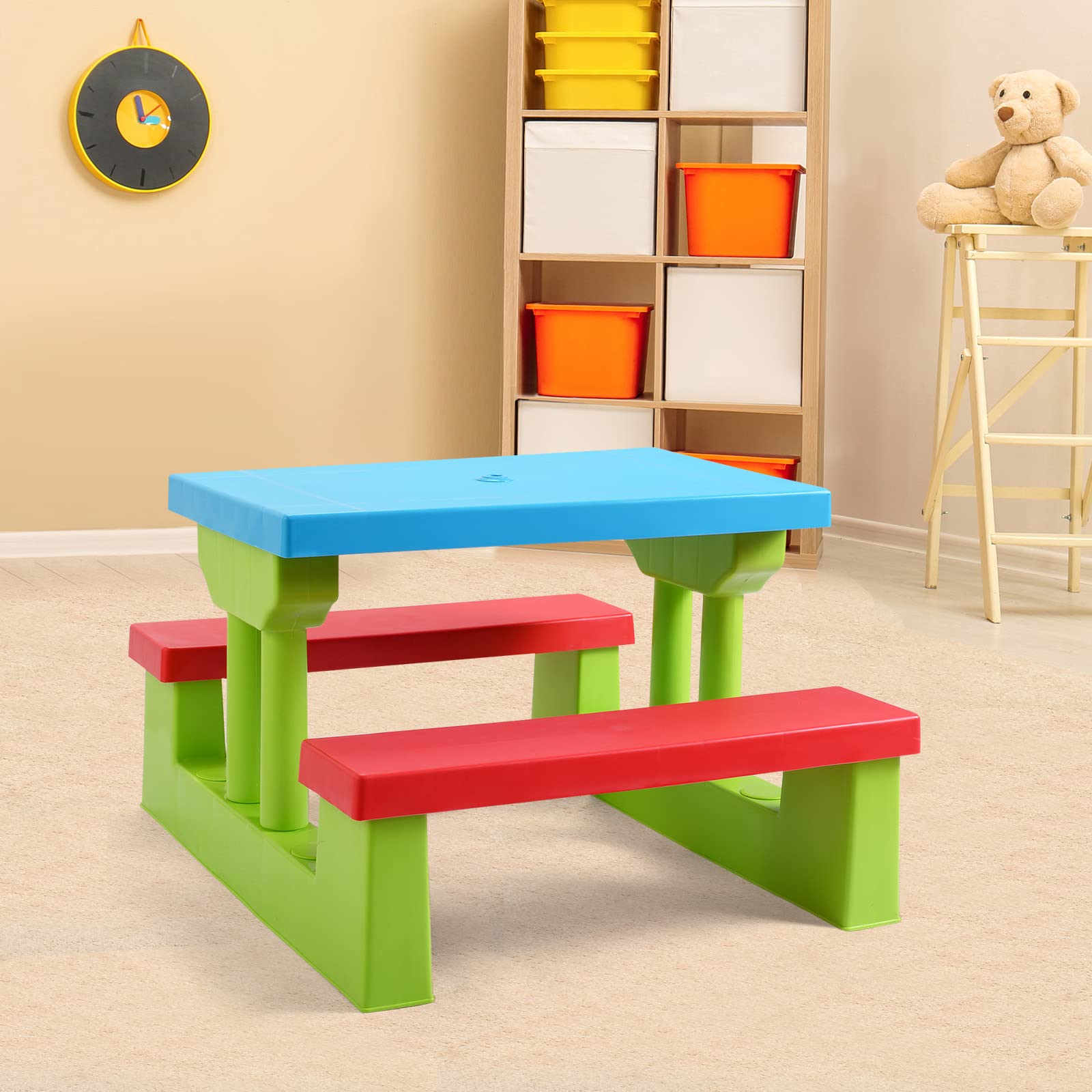 ARMILE Kids Picnic Table, Kids indoor & Outdoor Table and Bench set with Removable & Foldable Umbrella, Portable Toddler Plastic Picnic Table for Patio, Backyard, Ideal Gift for Boys Girls(Red)