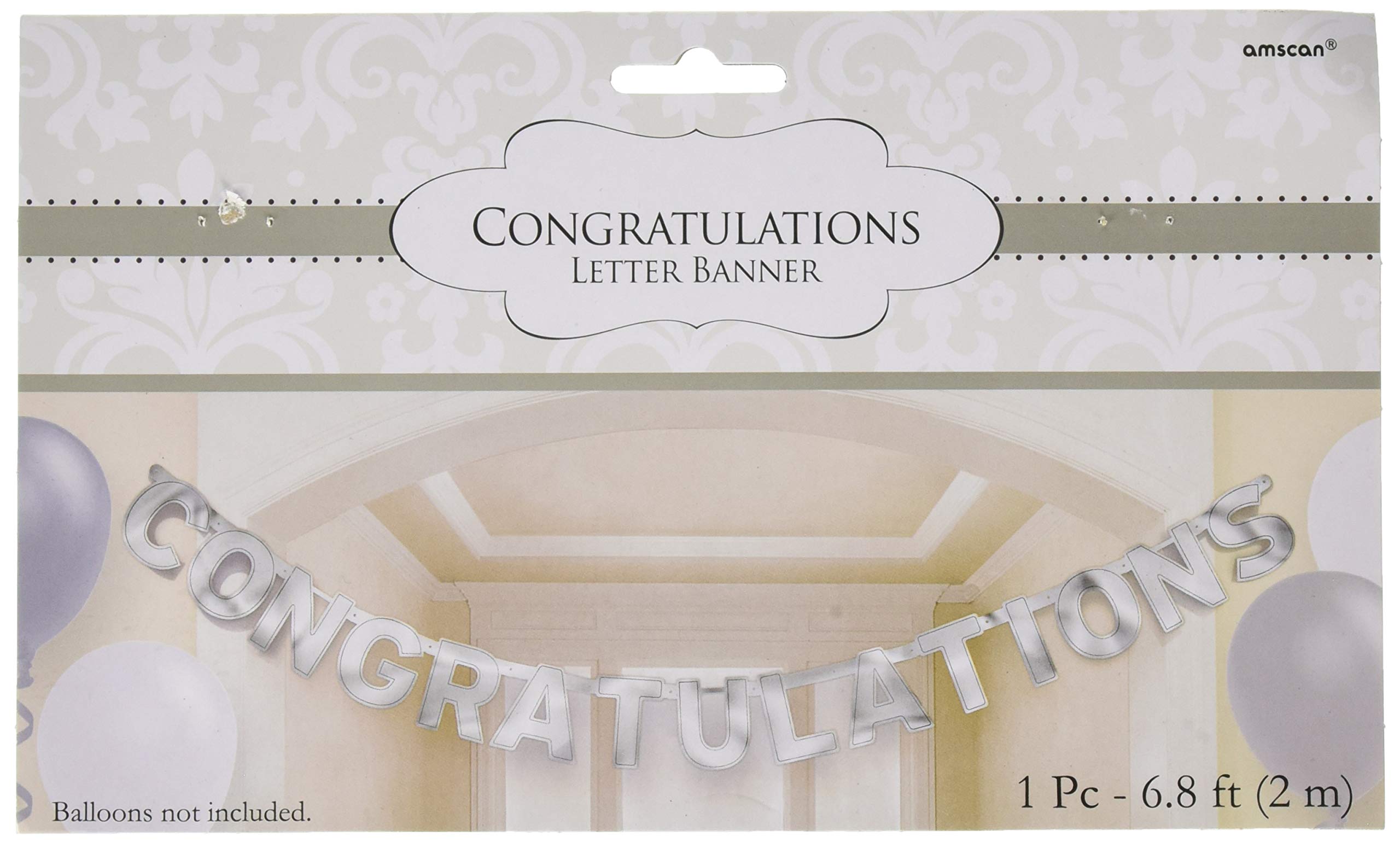 (PKT) 1 Silver Congratulations Hanging Letter Banner Decoration 2m x 15cm
