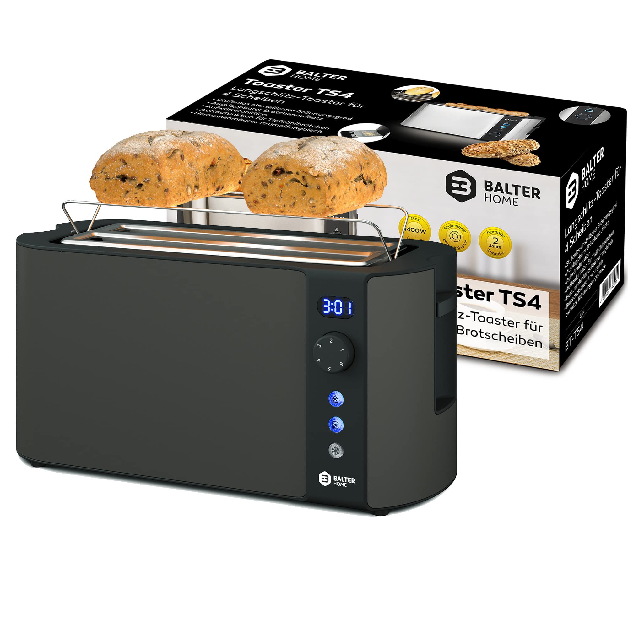 Balter Toaster 4 Scheiben, Langschlitz, Edelstahl, Brötchenaufsatz, LCD Display mit Restzeitanzeige, Auftaufunktion, Brotzentrierung, Krümelschublade, TS-04-LCD, Farbe: Schwarz 8
