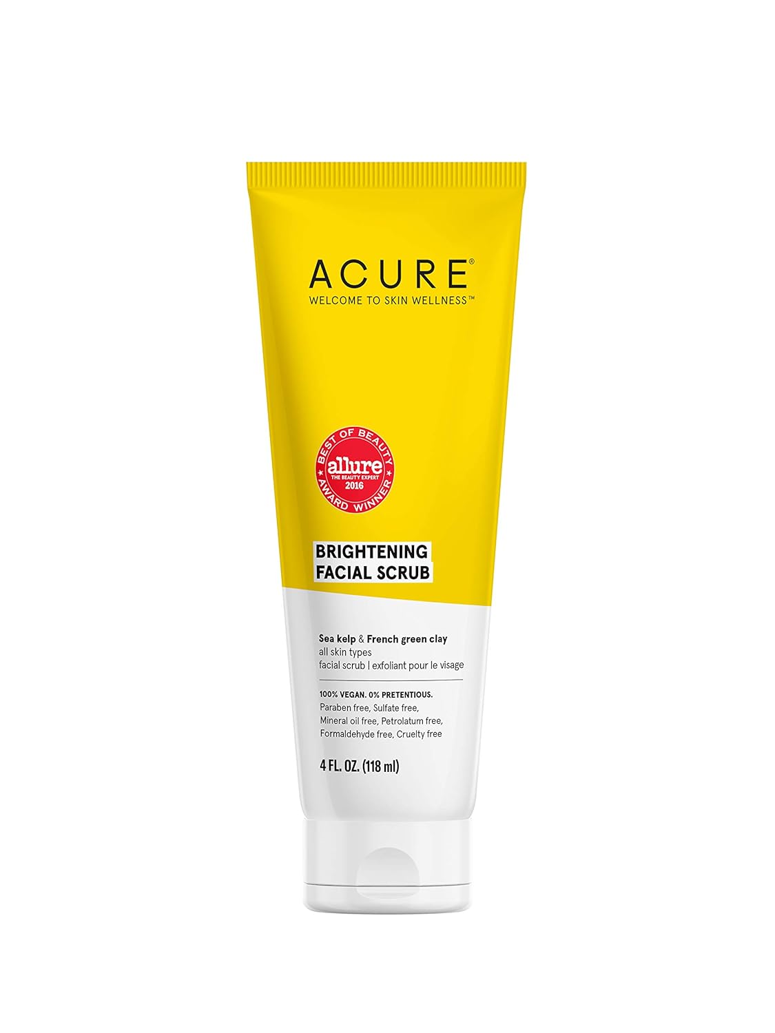 Acure Brightening Facial Scrub |100% Vegan |For A Brighter Appearance | Sea Kelp & French Green Clay - Softens, Detoxifies and Cleanses | All Skin Types | 4 Fl Oz (Packaging May Vary) (ET1012): Health & Personal Care