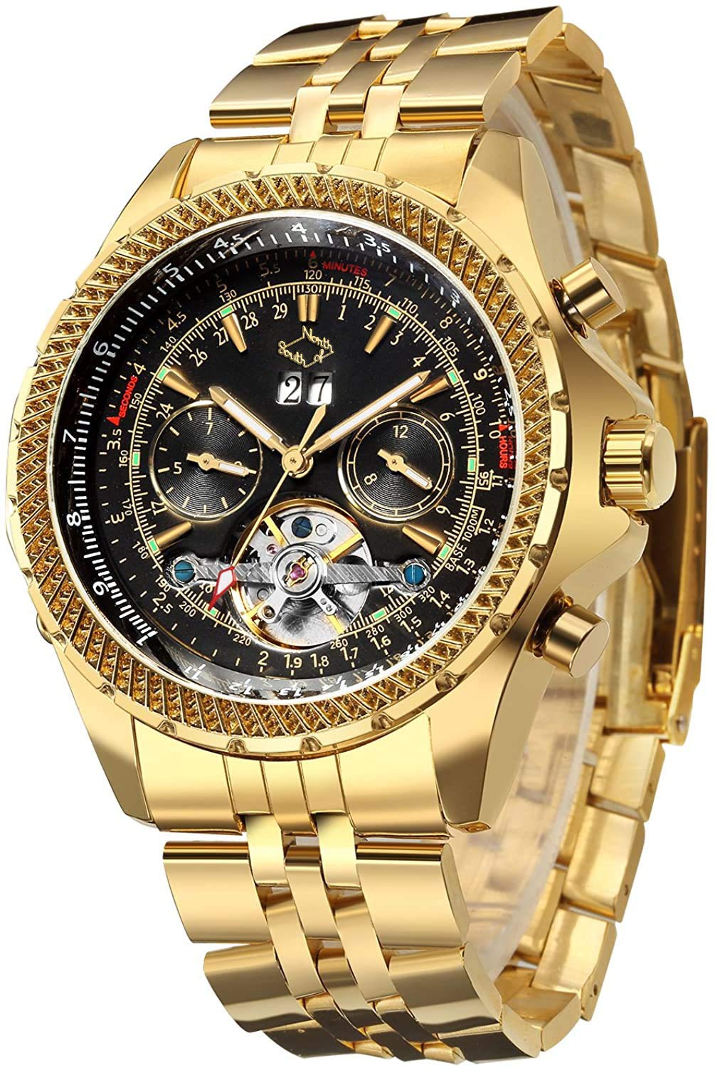 Gute Mens Watches, Mechanical Automatic Stainless Steel Waterproof Watch for Men, Luxury Big Face Multi Functional Tourbillon Calendar Wristwatch