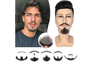 Fanguilar 100% Human Hair Full Hand Tied Lace Fake Mustache Goatee Human Hair Fake Beard Realistic Makeup for Drama/Party/Entertainment/Movie Prop for Halloween Funny Cosplay Costume Party