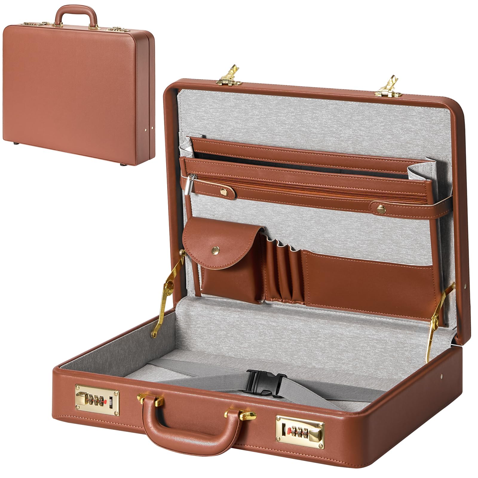 Photo 1 of LOCKCURX Briefcases for Men, Anti-Theft Dual Lock Briefcase with 16 Inch Laptop Compartment, Waterproof Faux Leather, Brief Cases Men with Multi File Organizer, Perfect for Office, Travel (Brown)