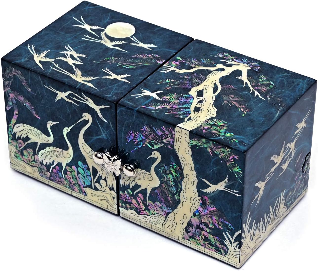 Cube Jewelry Box Mother of Pearl Inlay Lacquered Crane Pine Tree Blue