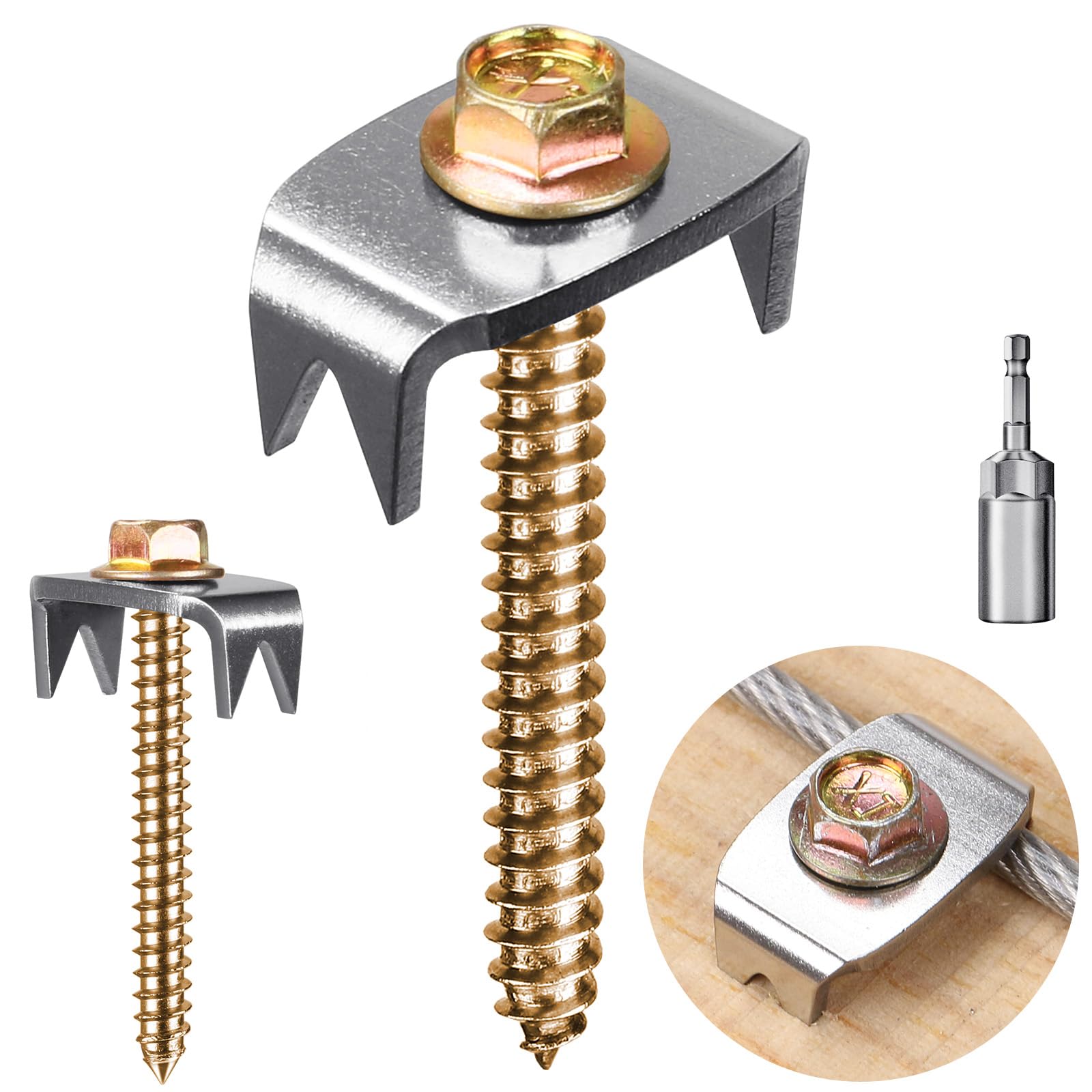 Insaga 50pcs Wire Fence Staples, 304 Stainless Steel Fence Fastener Nails 45mm M5 Reusable Fixing Wood Screws for Mesh and Woven Fencing with Wire Fixer Hold Firmly / M8 Screwdriver Adapter