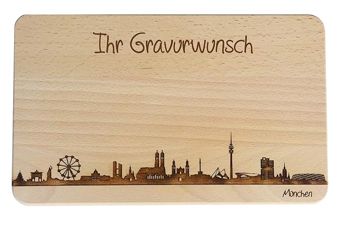 Brotzeitbrett München Skyline | Frühstücksbrettchen aus Buche | Holz Schneidbrett | Geschenk mit Gravur | Bayern | Frühstücks