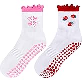 HUANLANG Cute Pilates Grip Socks for Women Non-Slip Yoga Socks Ruffle Cuff Embroidery Pattern,Sticky Sock for Barre Workout
