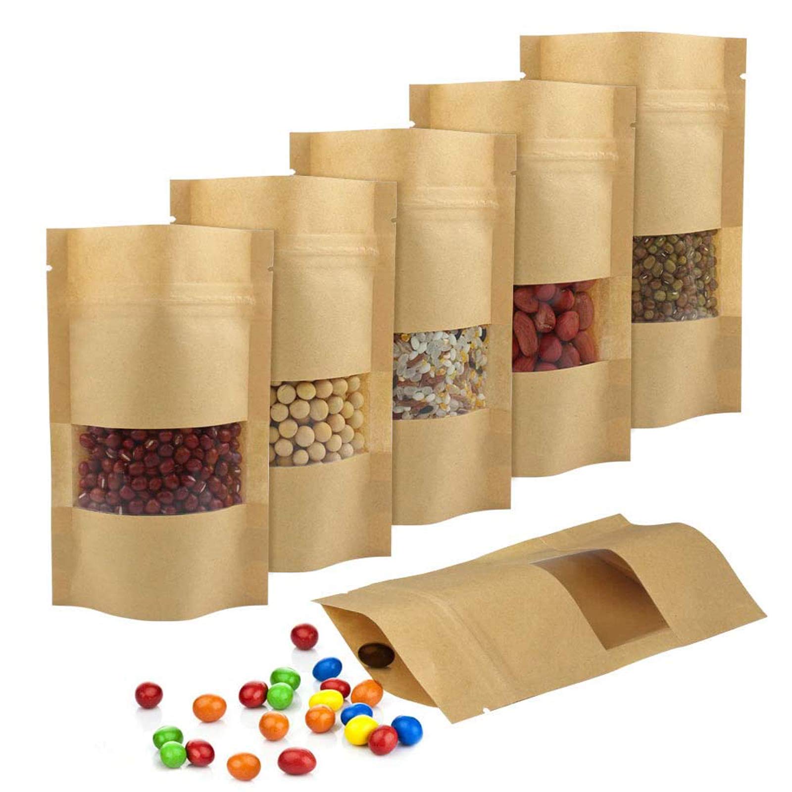 Small Kraft Pouch, 150 x Kraft Paper Bags Suitable for Candy/Dried Flowers/Tea/Cereals, Kraft Food Pouch with Zip/Window and Food Kraft Paper Bag (14 x 9 cm)