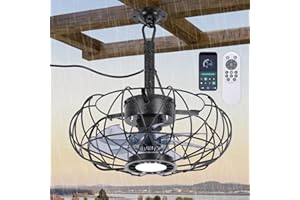 SHE'S HOME Outdoor Gazebo Fan with Hanging Hook, 15'' Waterproof Outdoor Ceiling Fan with Lights and Remote, 3CCT Dimmable 6-Speeds Reversible Quiet Plug in Caged Ceiling Fan for Patio Porch Pergola Canopy,Black