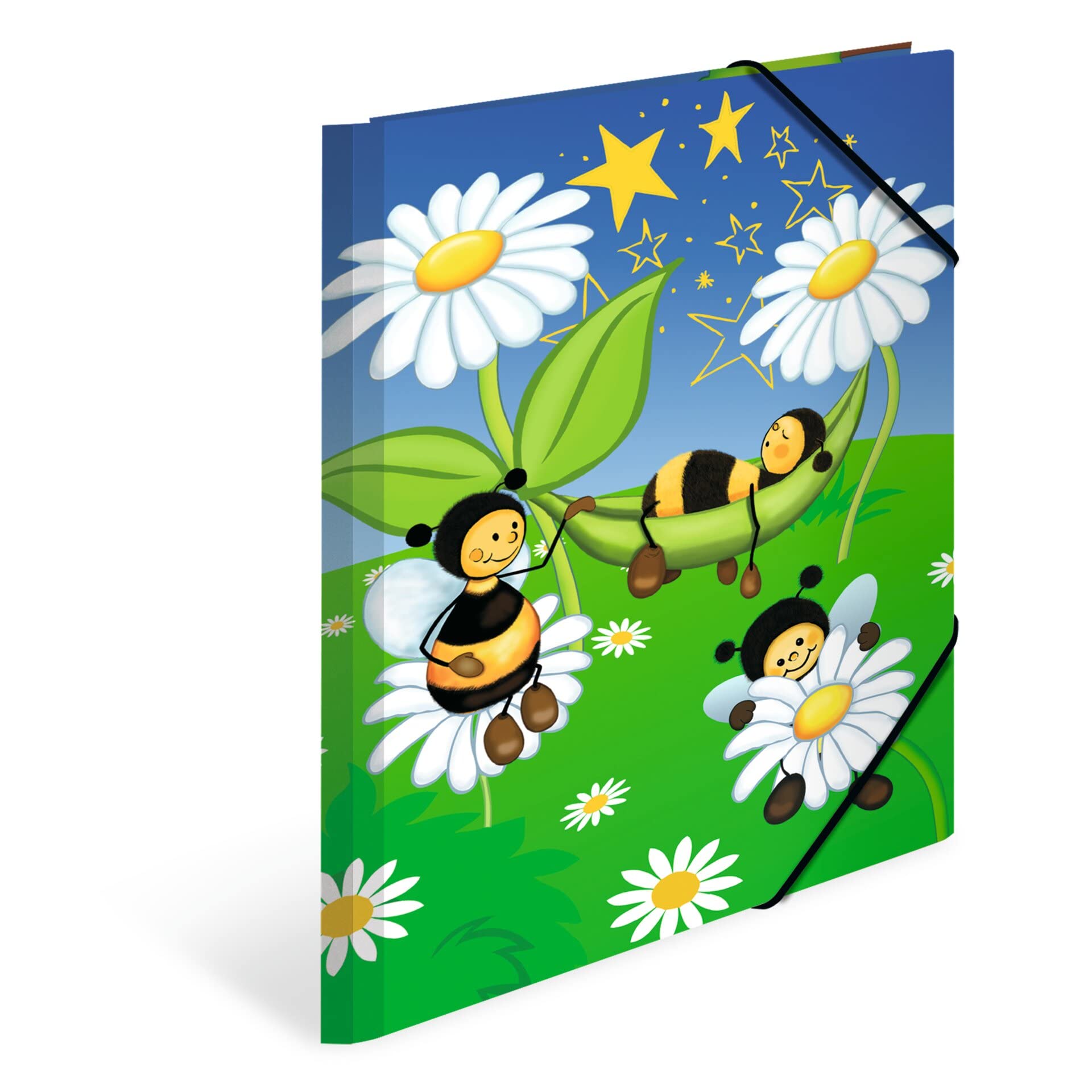 HERMA Folder A4 Bee Set, 3 Pieces, Corner Folder Made of Cardboard with Nursery Motif, Elastic Band, Inner Flaps and Inner Print for Boys, Girls and Children
