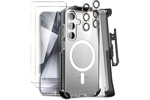 MOTIVE 5 in 1 Magnetic Case for Samsung Galaxy s24 Case with Belt Clip, [Military Grade Drop Protection] with 2X Screen Protector + 2X Camera Lens Protector, s24 Holster Case 6.1” | Clear