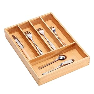 Bamboo Cutlery Tray Kitchen Utensil Tray Cooking Spoon Flatware Drawer Organizer with 5 Compartment Storage Dividers