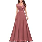 Miusol Women's Elegant V-Neck Cap Sleeve Sequined Floral Lace Formal Party Maxi Dress