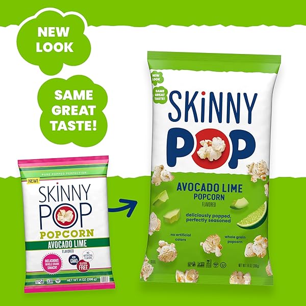 SKINNYPOP POPCORN, AVOCADO LIME, WHOLE GRAIN SNACK, DAIRY-FREE SNACK, 4.4OZ BAG