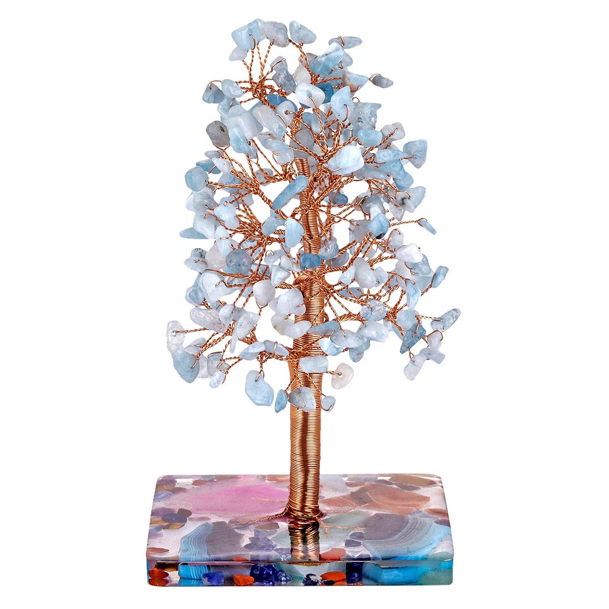 mookaitedecor Natural Blue Aquamarine Crystal Tree with Agate Chakra Crystals Base, Colourful Aquamarine Tree of Life Good Luck Feng Shui Ornament Gift Reiki Healing Crystal Tree Blue Room Decor