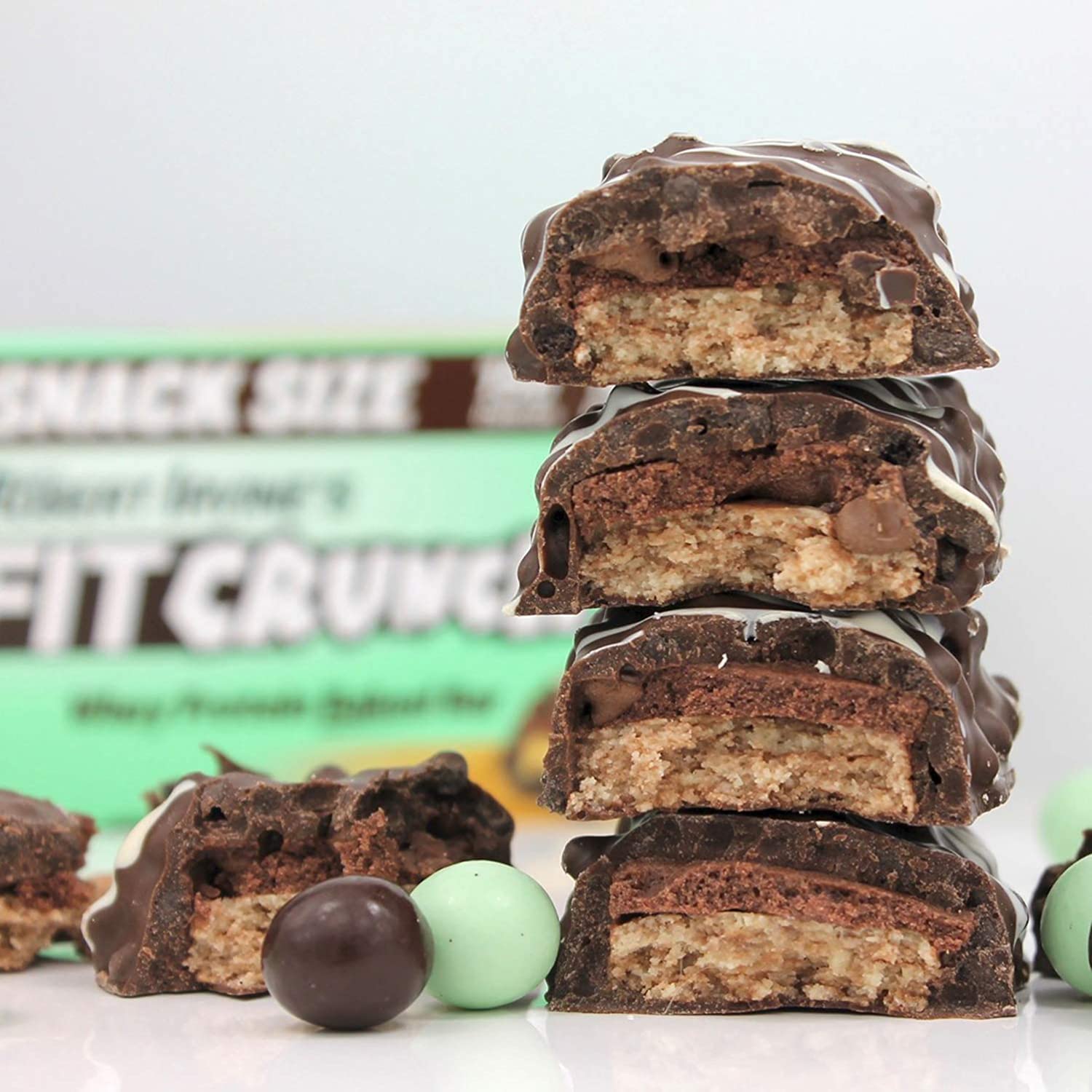 FITCRUNCH Snack Size Protein Bars, Designed by Robert Irvine, 6-Layer Baked Bar, 3g of Sugar, Gluten Free & Soft Cake Core (6 Bars, Mint Chocolate Chip)