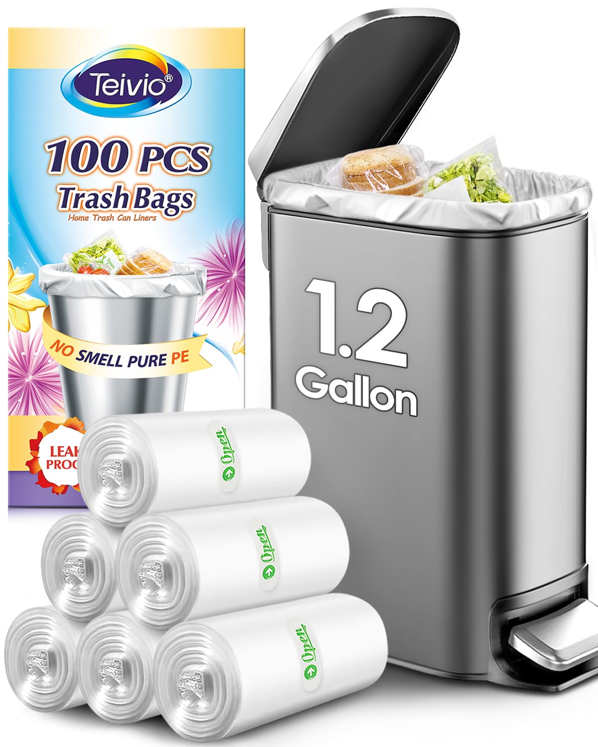 Photo 1 of 1.2 Gallon(Fit 1-1.2Gal)100 Counts Strong Trash Bags 1 Gallon 1.2 Gallon Garbage Bags by Teivio, Waste Basket Liners,Bathroom Trash Can Bin Liners, Small Plastic Bags for Home Office Kitchen(Clear)