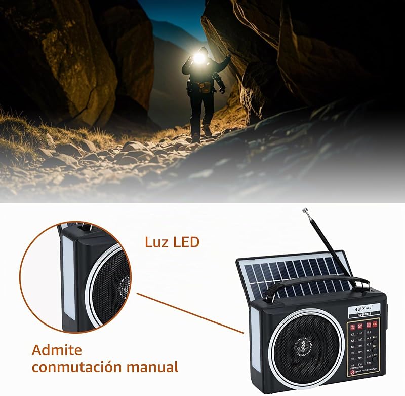 Radio Am/FM/SW Bluetooth Retro portátil y compacta con Panel Solar, iluminación LED portátil, batería Recargable, Reproductor MP3 Compatible con Tarjeta TF/USB (Negro) — foto 4 de 7