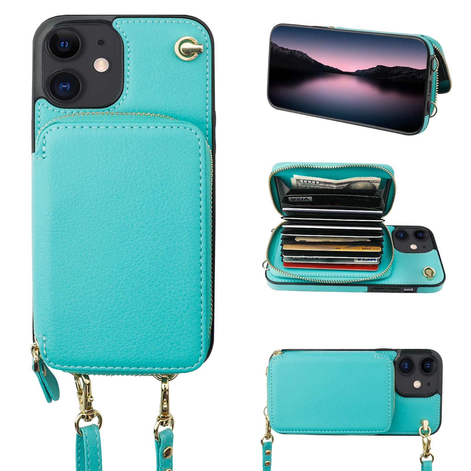 Photo 1 of Bocasal Crossbody Wallet Case for iPhone 12/12 Pro, RFID Blocking Leather Purse Case with Card Holder, Protective Handbag Flip Cover with Zipper Wrist Strap Lanyard for Women 5G 6.1 Inch (Mint Green)