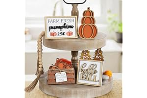 DAZONGE Fall Decor, 5PCS Fall Decorations for Home, Hello Fall, Stacked Pumpkin, Farm Fresh, Pumpkin Crate, Bead Garland, Fall Tiered Tray Decor, Rustic Fall Tabletop Decor