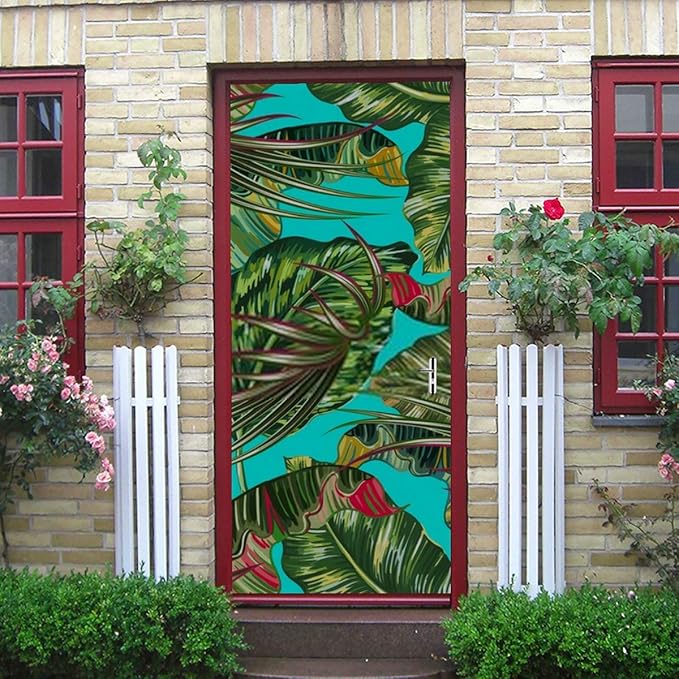 Etiqueta de la puerta del arte moderno 3d, hojas de palmera tropical