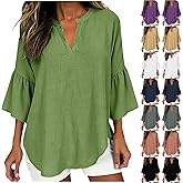 3/4 Sleeve Tops for Women Casual V Neck Linen Shirt Loose Fit Lightweight Fashion Gauze Blouses