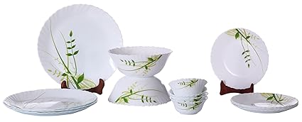 Larah By Borosil Green Herbs Opalware Glass Dinner Set, 14-Pieces, White