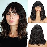 Ellieryan Black Mixed Brown Short Wavy Wig with Bangs 14 Inch Curly Bob Wigs for Women Natural Soft Heat Resistant Synthetic Wig for Daily Use & Party Halloween