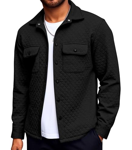 Amazon.com: Mens Quilted Shirt Jacket Lightweight Long Sleeve Snap