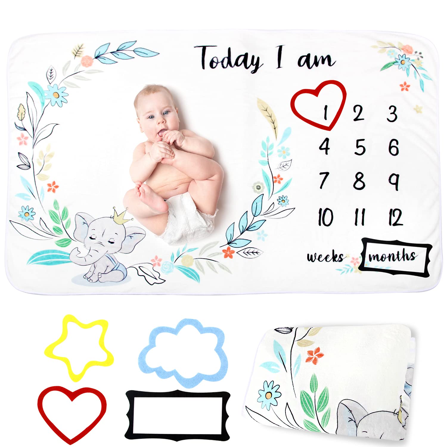 M MUNCASO 40x60 Baby Milestone Blanket Newborn Shower Gifts Monthly Milestone Soft Mat with 4 Felt Photo Frames for Boys Girls