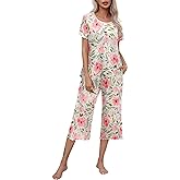 Ekouaer Women's Pajamas Set Short Sleeve Top With Capri Pants Pjs Lounge & Sleepwear Set S-XXL