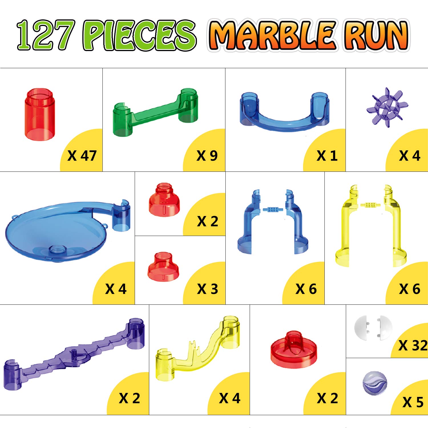 Marble Run - 127 Pcs Marble Race Track Educational Building Blocks Set Construction Stem Learning Toys Marble Maze Game for Kids 4 5 6 7 8 9 + Year Old Boys Girls (122 Marbulous Pieces + 5 Glass Marbles)