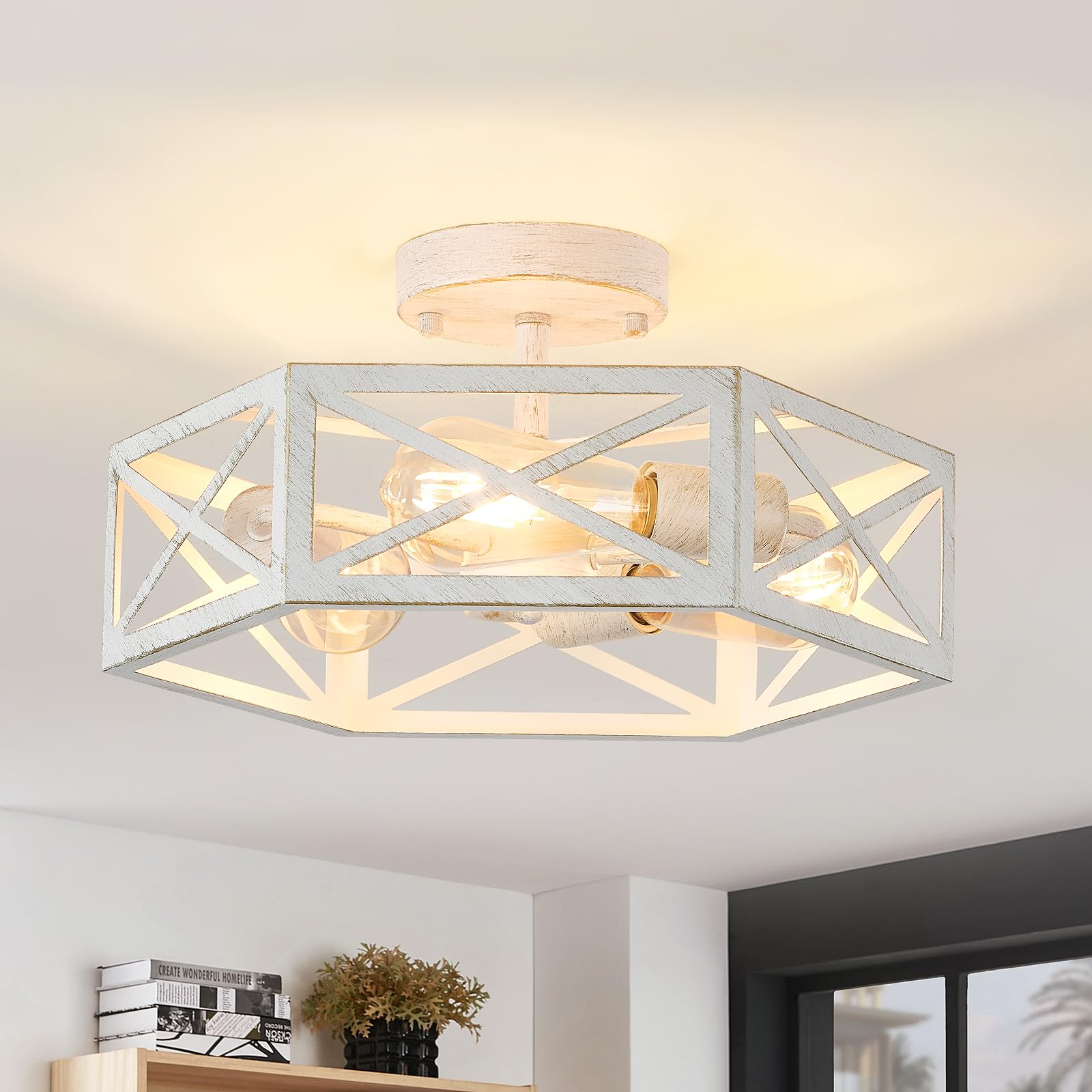 Photo 1 of XSDeTu 3-Light Flush Mount Ceiling Light Fixture, Modern Close to Ceiling Light with White Metal Hexagon Cage, Farmhouse Ceiling Light for Bedroom, Hallway, Entry, Foyer, Kitchen