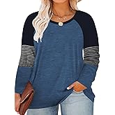 ROSRISS Plus-Size Tops for Women Raglan Short/Long Sleeve Color Block Striped T-Shirts