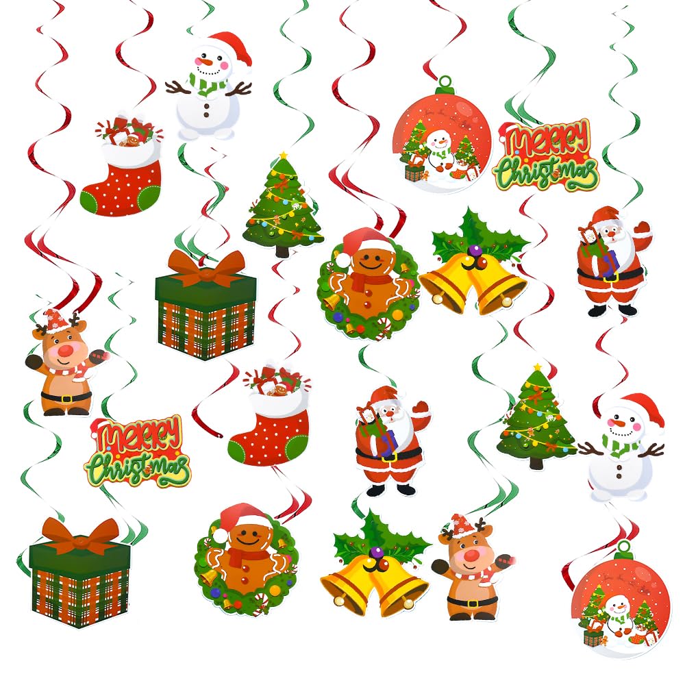 YBCCBY 30PCS Christmas Hanging Swirl Decorations, Ceiling Christmas Decorations, with Xmas Tree, Reindeer, Bell, Santa Claus, Christmas stocking, snowman, gift boxes for Xmas Theme Party Decorations