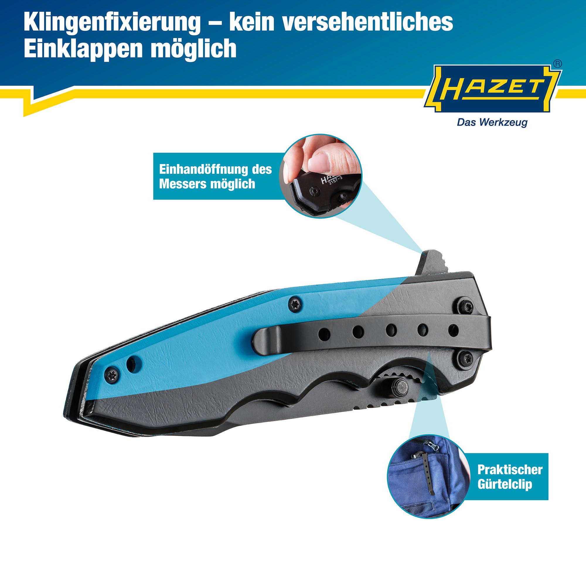 Hazet Klappmesser 2157-3 I Outdoor Taschenmesser mit hochwertiger Edelstahl-Klinge I Aluminium-Griff mit Fingermulden für den Einsatz in Werkstatt, Industrie oder Hobby 3