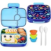 ANDMOON Bento Box for Kids Lunch Box Leak-Proof, Bento Lunch Box with 5 Compartments, Lunch Containers with 3 Silicone Baking Cups, Microwave/Dishwasher Safe (Blue Dinosaur/43OZ)