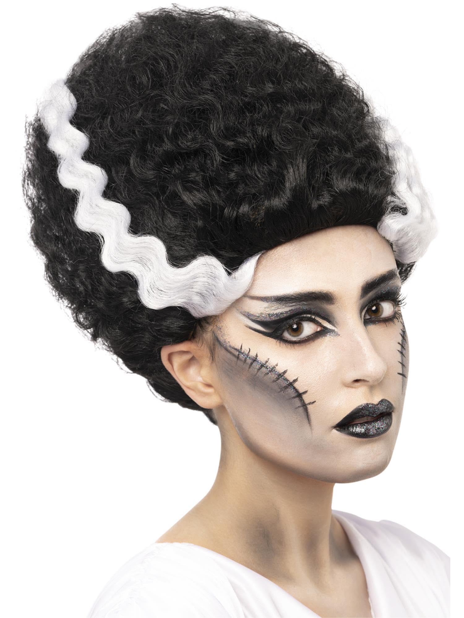 Smiffys Universal Monsters Bride of Frankenstein Wig, Adult Black Wig with White Streaks, Official License Hairpiece for a Classic Iconic Look Ready-to-Wear, Perfect for Halloween and Themed Parties