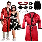 Augacage 7 Pcs Halloween Button Mother and Father Costume Accessories Set | Include Button Glasses Red Collar Black Wig Bathrobe Button Eyes, Halloween Horror Movie Cosplay Outfit