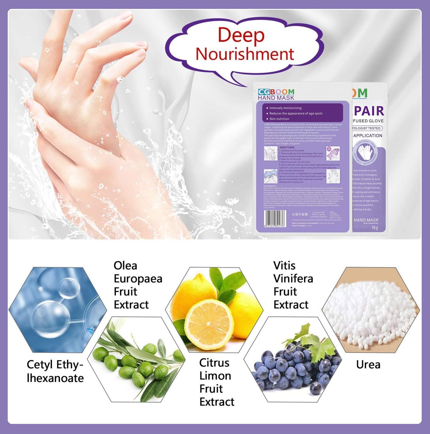 CGBOOM 5 Pairs Hand Masks Moisturizing Gloves, Hand Skin Repair Renew Mask Infused Collagen, Vitamins + Natural Plant Extracts for Dry, Aging, Cracked Hands (Lavender)