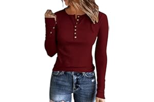 APOFER Womens Long Sleeves Ribbed Knit Tunic Shirts Scoop Neck Button Down Tops Casual Henley Tee Shirt Slim Fit Blouses