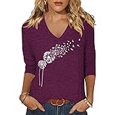 Scgirl Womens 3/4 Sleeve V Neck T-Shirts Floral Printed Cute Tunic Tops Casual Basic Top Pullover