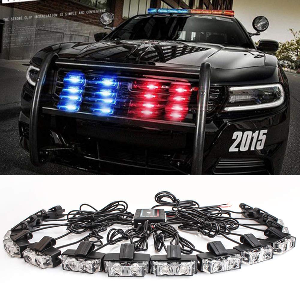 Clidrel 16 PCS 2-LED Flashing Modes Car Truck Emergency Flash Dash Vehicle Strobe Light Lamp Bars Warning Deck Dash Front Rear Grille with Remote Control (red blue)