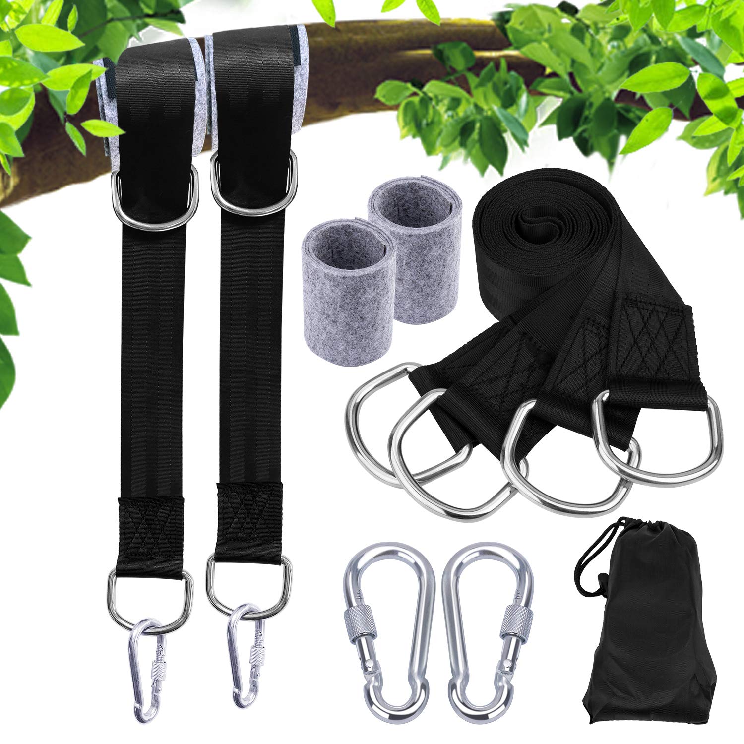 ANGGO Tree Swing Hanging Straps, Outdoor Hammock Straps Adjustable Holds 2200 lbs, 5ft/152cm Swing Hanging Strap Kit with Safer Lock Snap Carabiner Hooks for Tree Swing & Hammocks (2 Pack - Black)